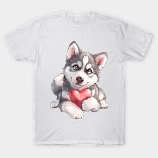 Valentine Siberian Husky Holding Heart T-Shirt